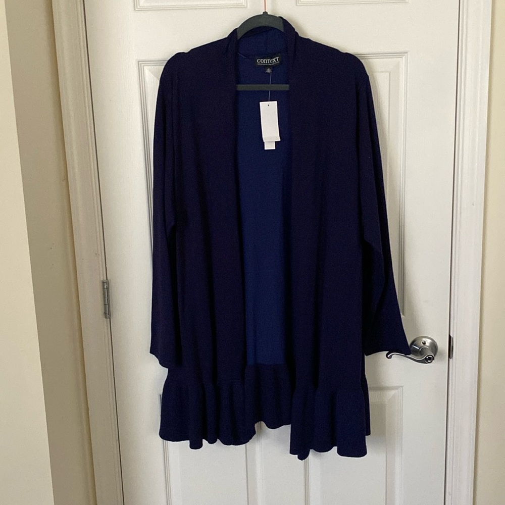 NWT Context Navy Blue Longline Ruffle Hem Cardigan Women’s Size 3X